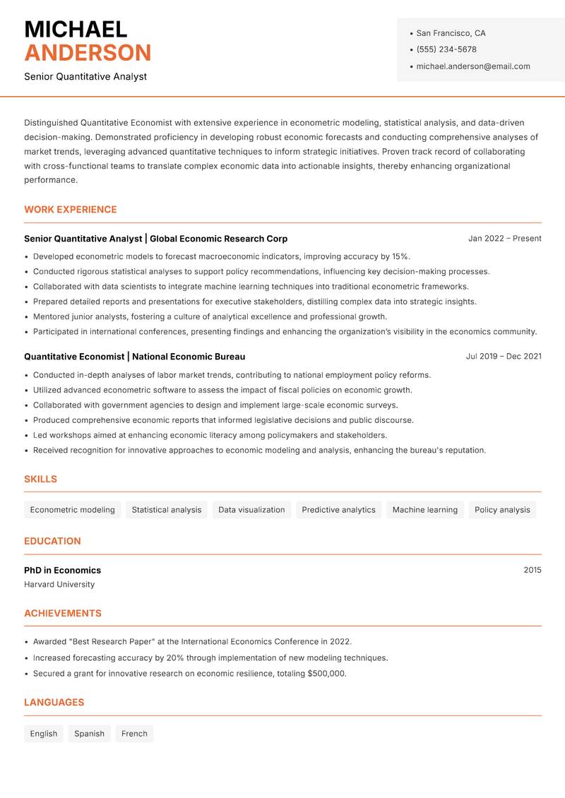 Quantitative Economist resume template — Modern Professional