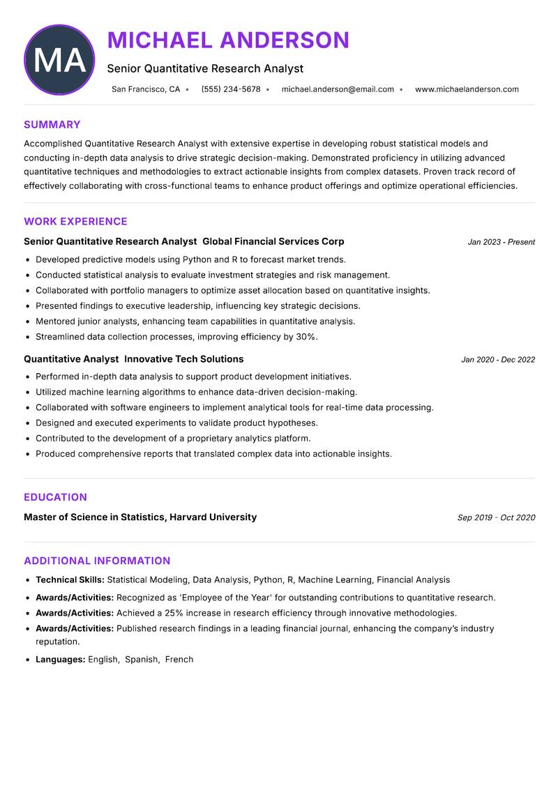 Quantitative Research Analyst resume example — ATS-friendly template