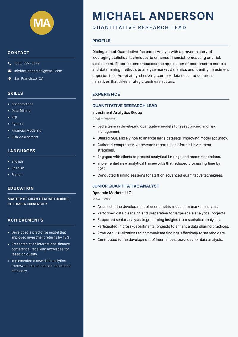 Quantitative Research Analyst resume template — Classic Clean