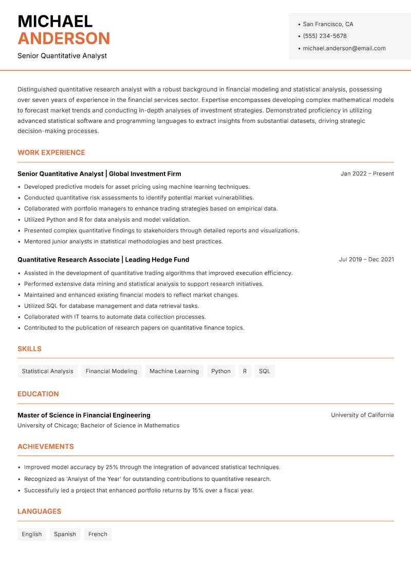 Quantitative Research Analyst resume template — Modern Professional