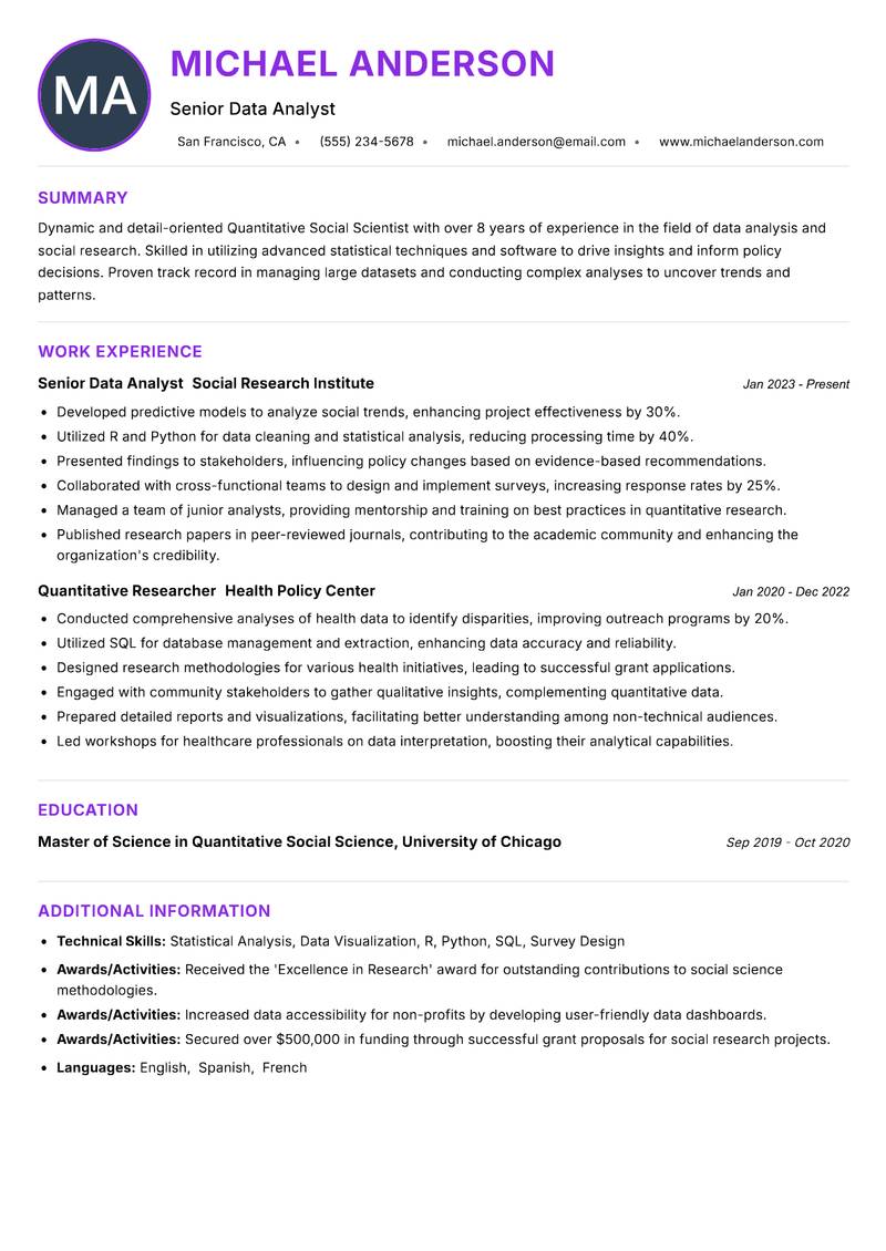 Quantitative Social Scientist resume example — ATS-friendly template