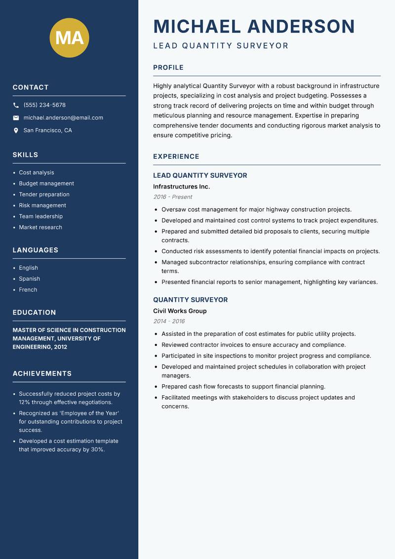 Quantity Surveyor resume template — Classic Clean
