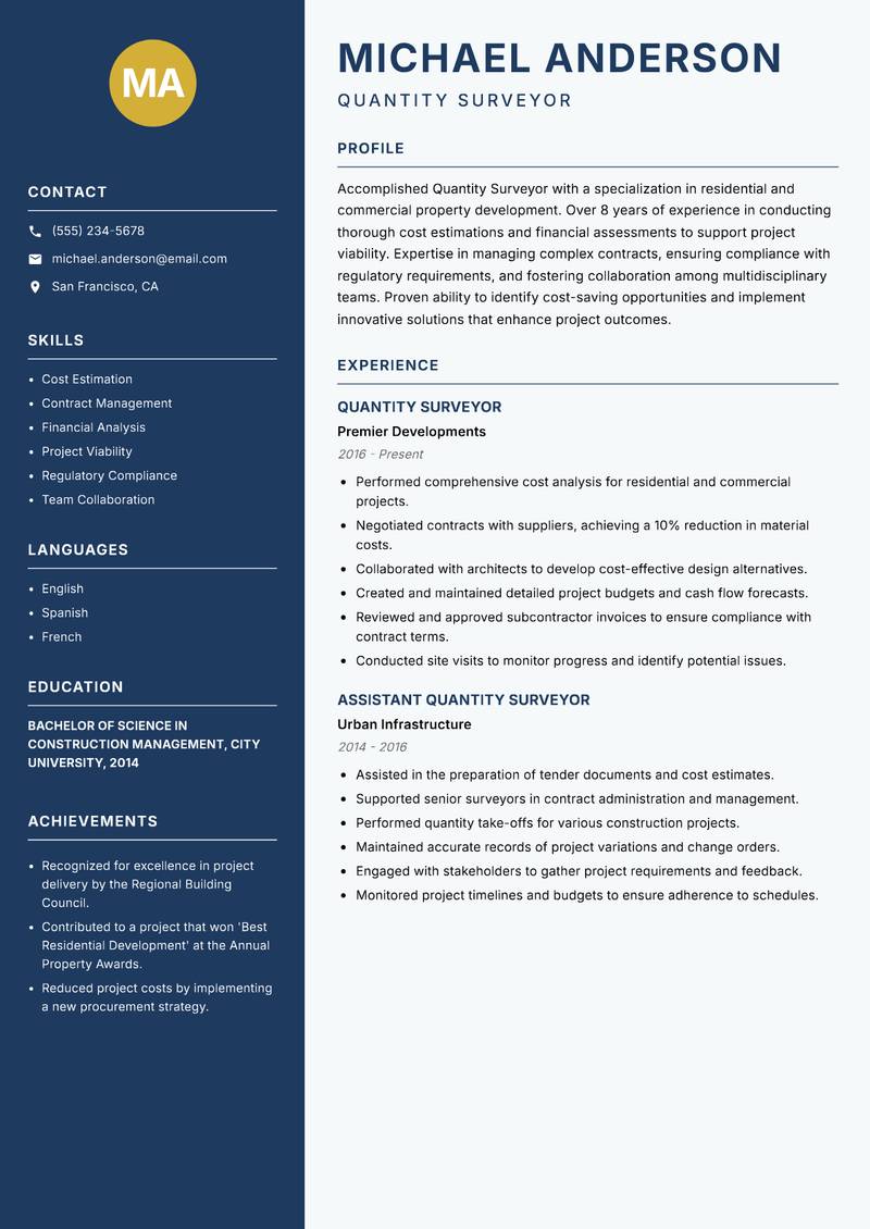 Quantity Surveyor Construction resume template — Classic Clean