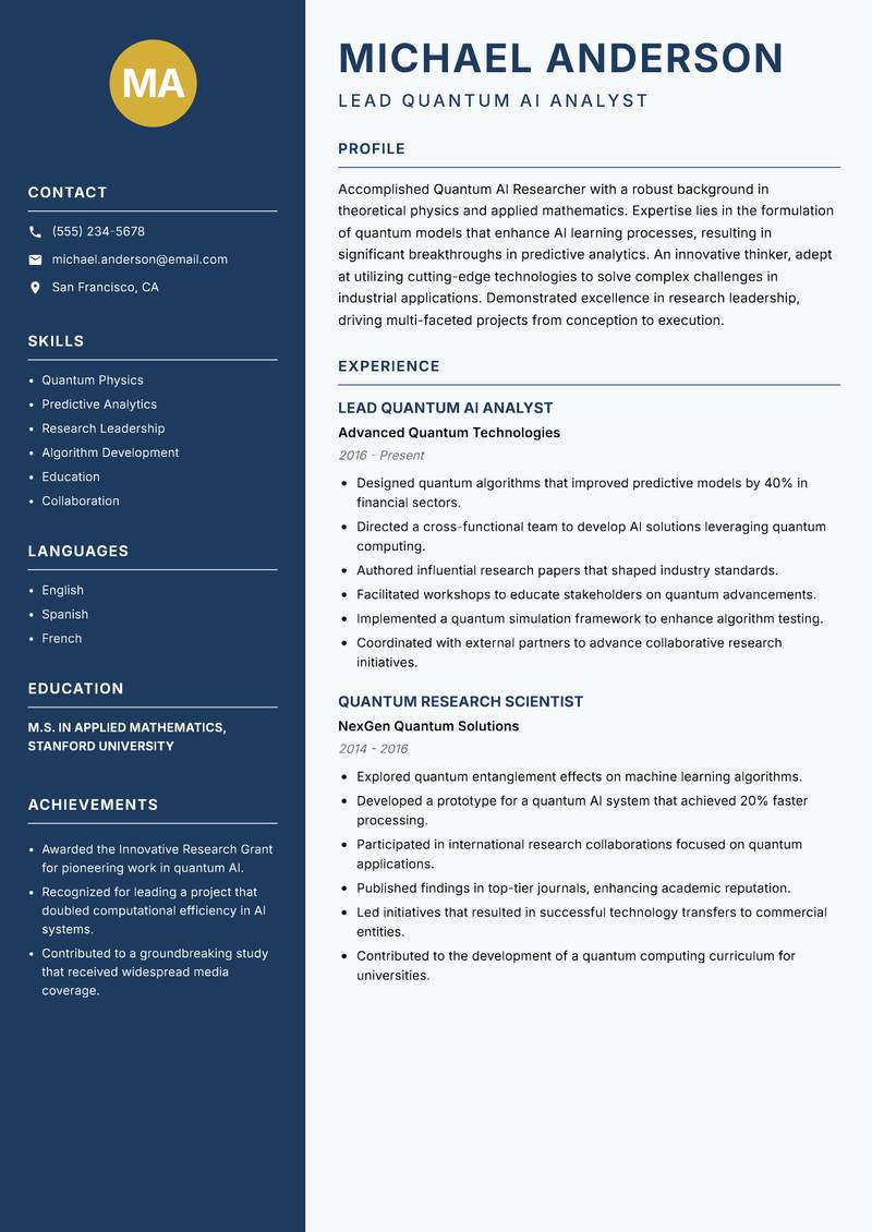 Quantum AI Researcher resume template — Classic Clean