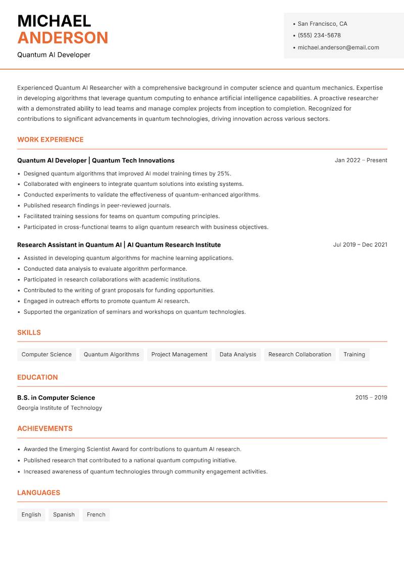 Quantum AI Researcher resume template — Modern Professional