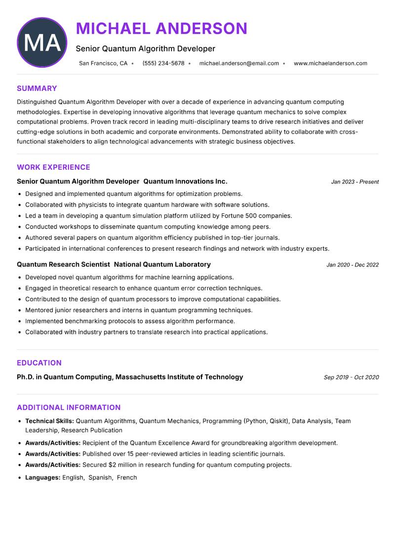 Quantum Algorithm Developer resume example — ATS-friendly template