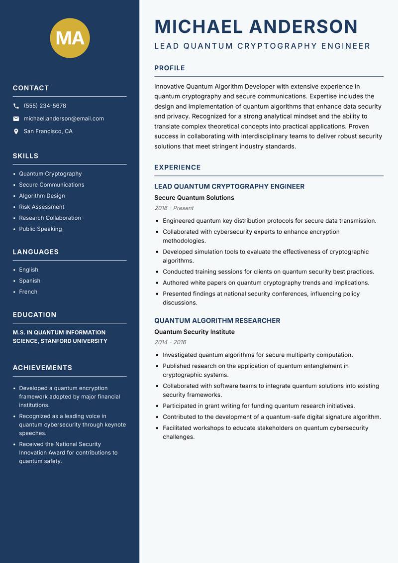 Quantum Algorithm Developer resume template — Classic Clean