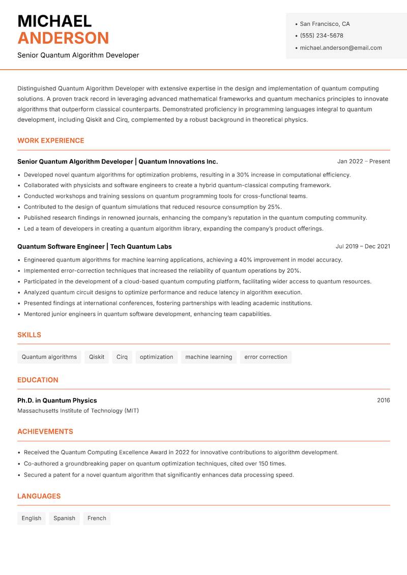 Quantum Algorithm Developer resume template — Modern Professional