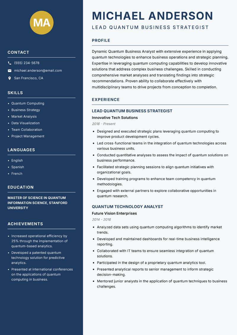 Quantum Business Analyst resume template — Classic Clean