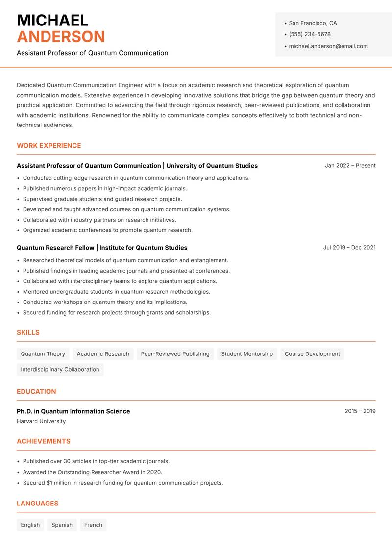 Quantum Communication Engineer resume template — Modern Professional