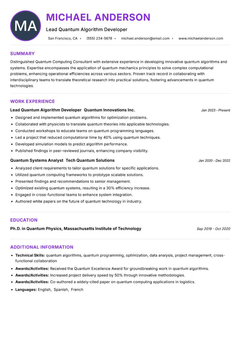 Quantum Computing Consultant resume example — ATS-friendly template