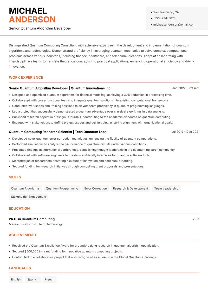 Quantum Computing Consultant resume template — Modern Professional