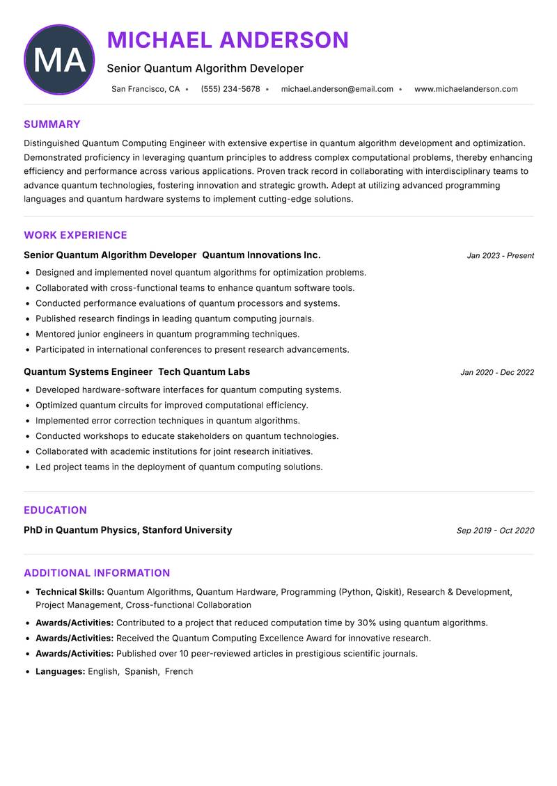Quantum Computing Engineer resume example — ATS-friendly template
