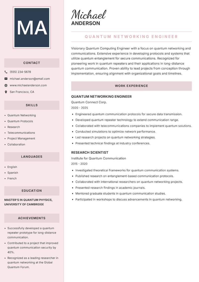 Quantum Computing Engineer resume template — Executive