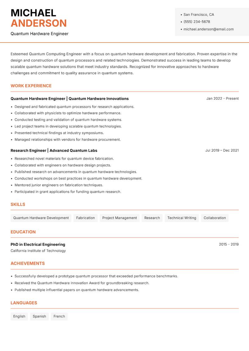 Quantum Computing Engineer resume template — Modern Professional