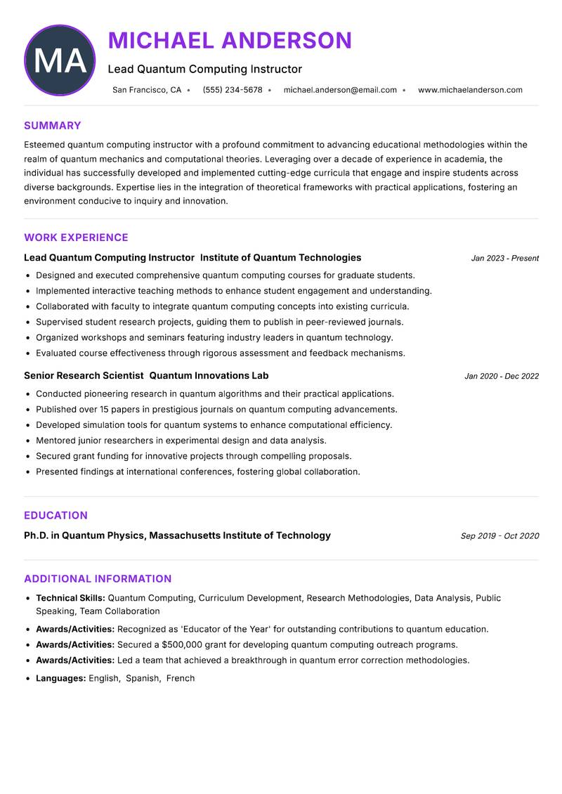 Quantum Computing Instructor resume example — ATS-friendly template