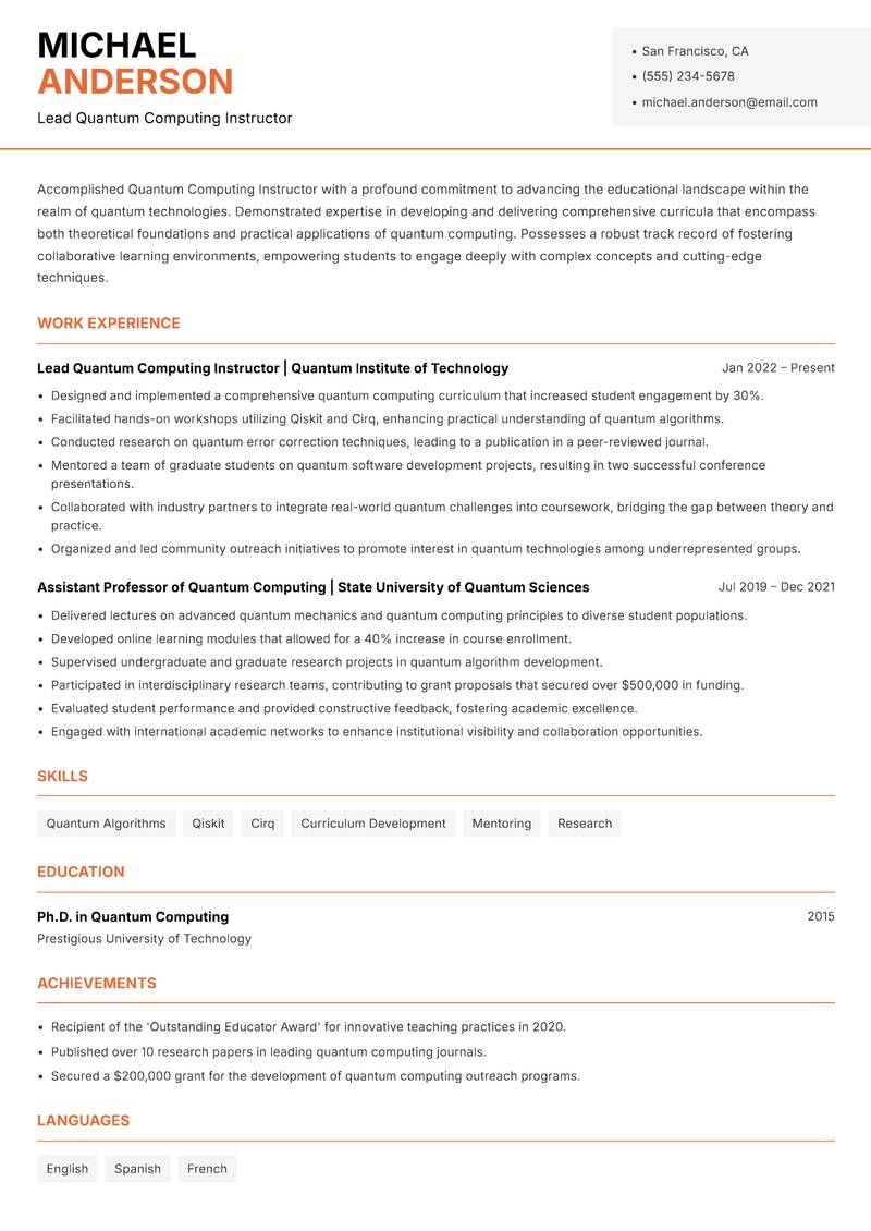 Quantum Computing Instructor resume template — Modern Professional