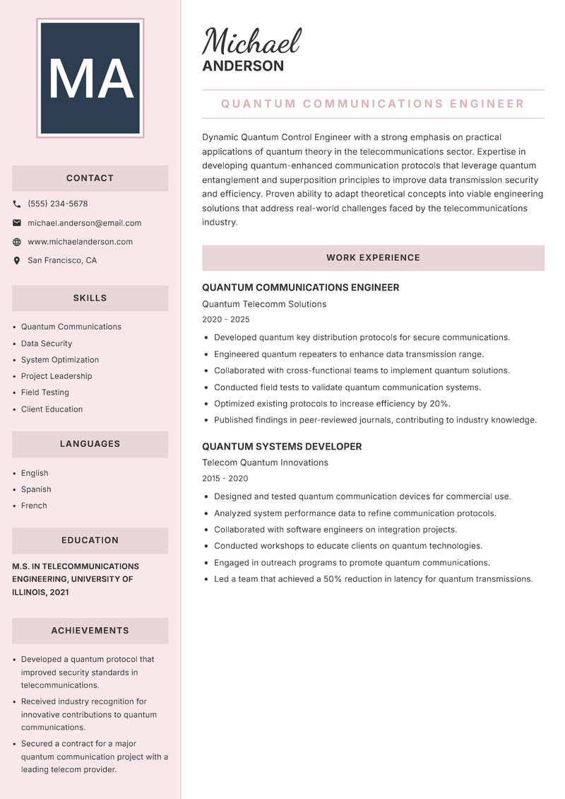 Quantum Control Engineer resume template — Executive