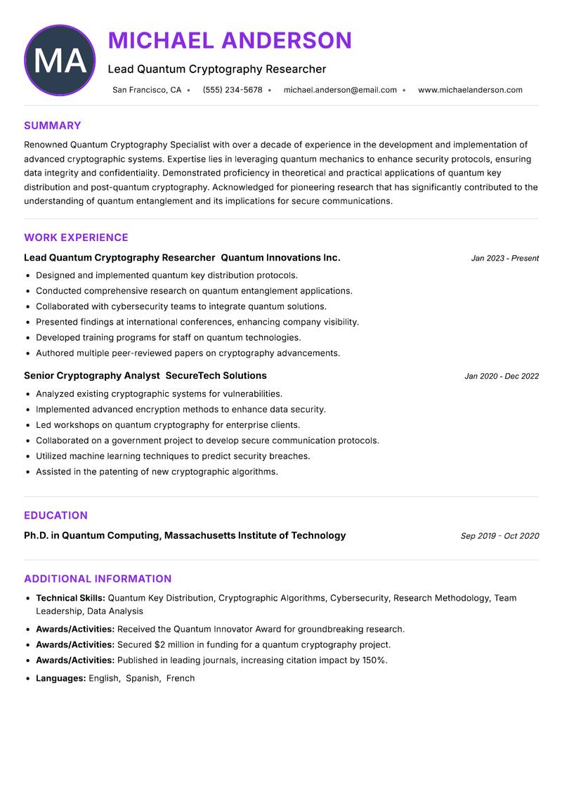 Quantum Cryptography Specialist resume example — ATS-friendly template