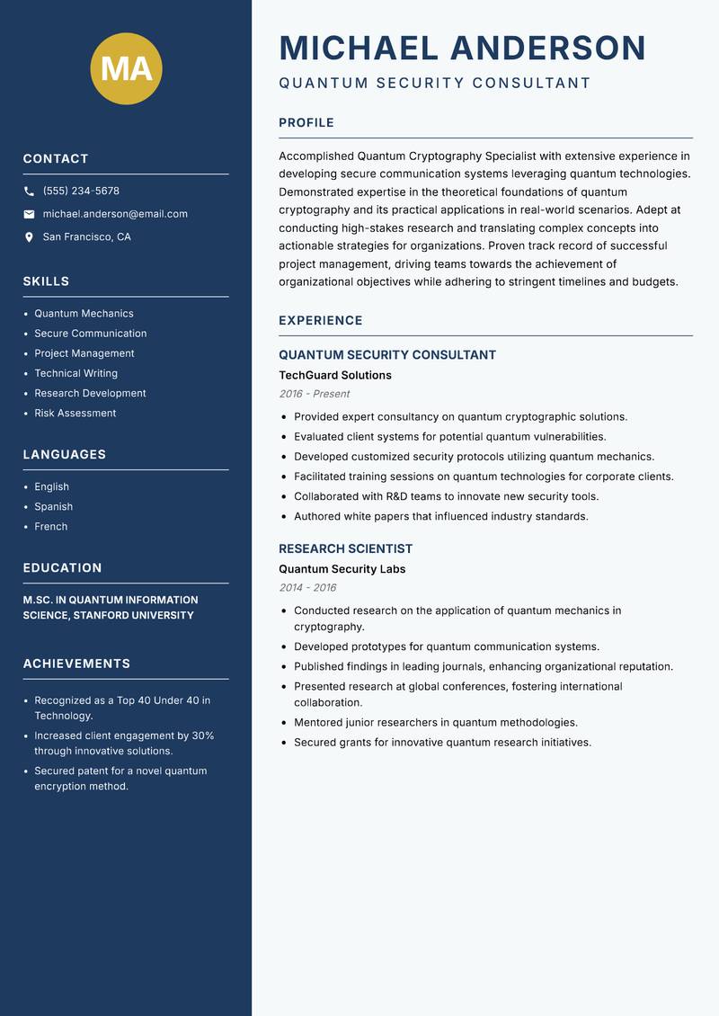 Quantum Cryptography Specialist resume template — Classic Clean