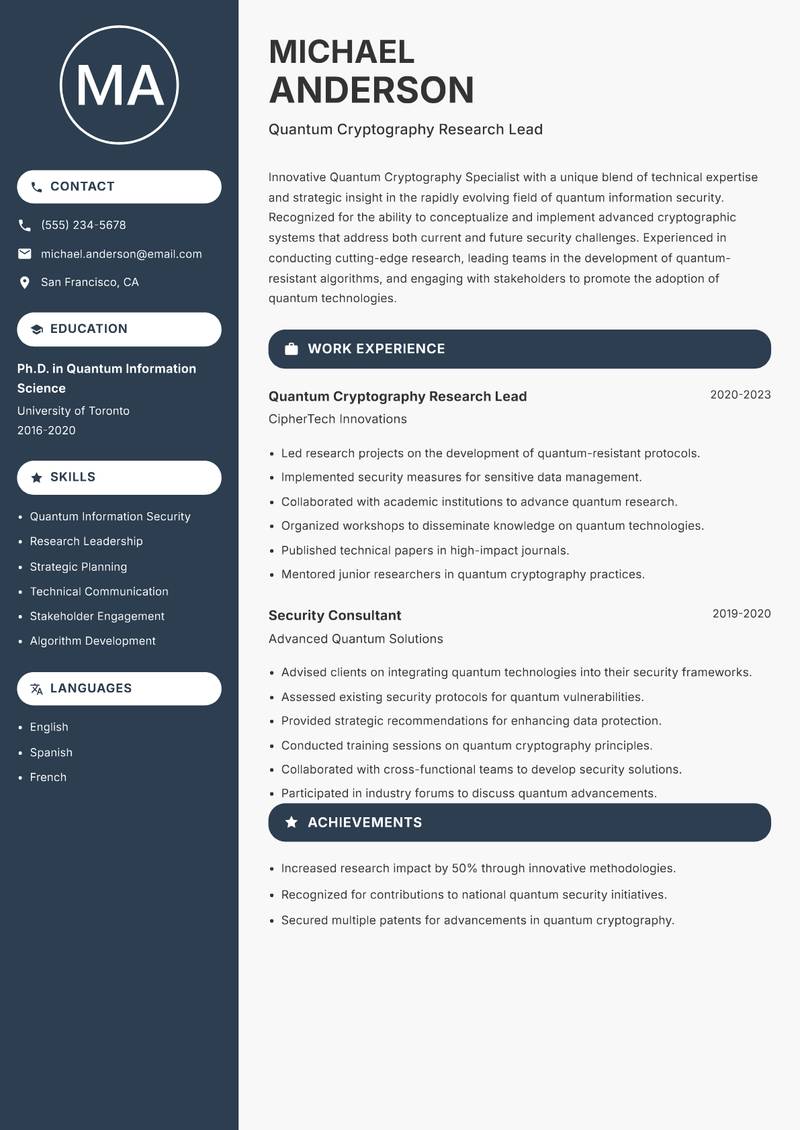 Quantum Cryptography Specialist resume template — Compact