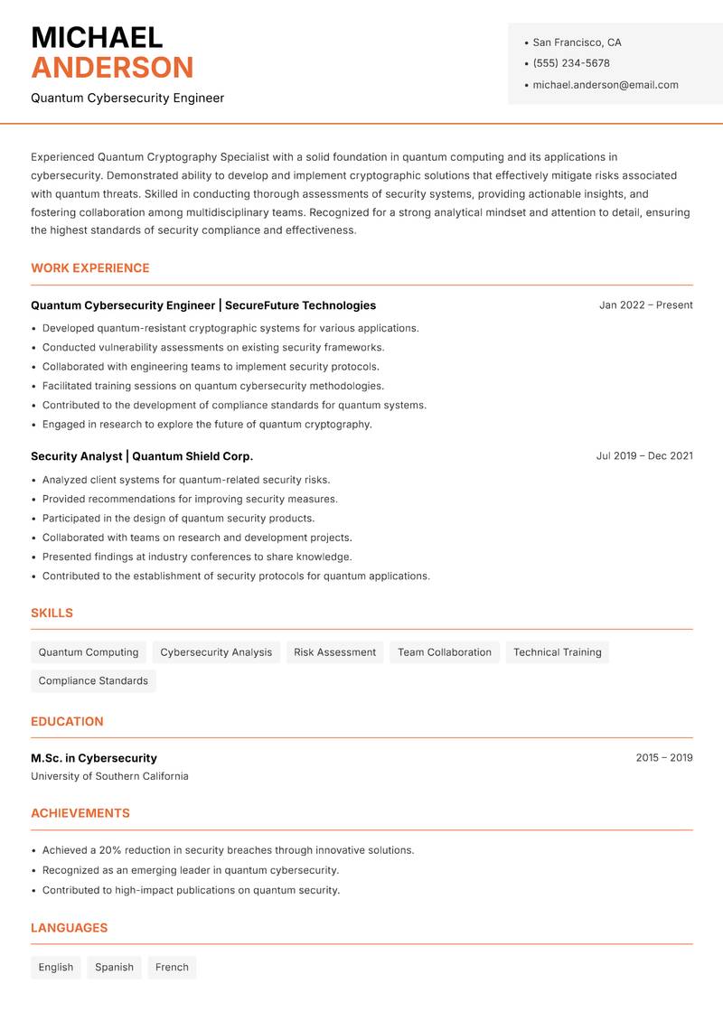 Quantum Cryptography Specialist resume template — Modern Professional