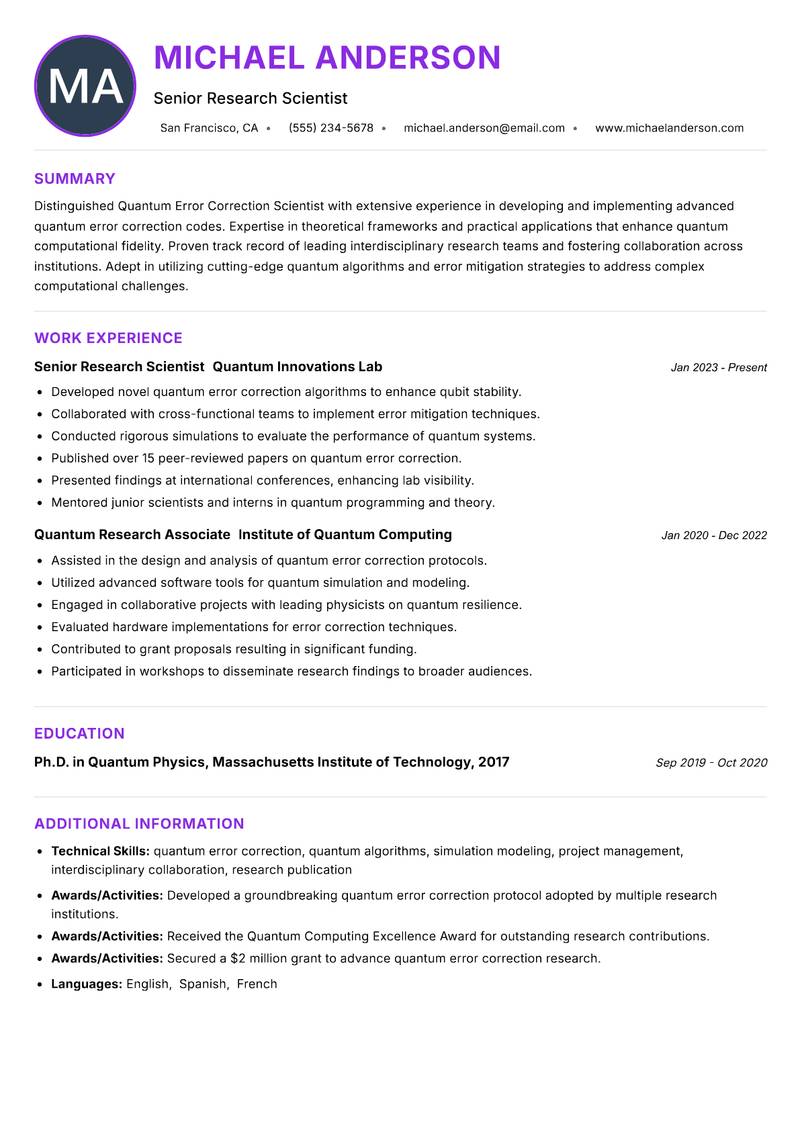 Quantum Error Correction Scientist resume example — ATS-friendly template