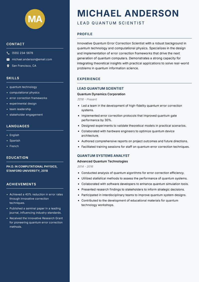 Quantum Error Correction Scientist resume template — Classic Clean