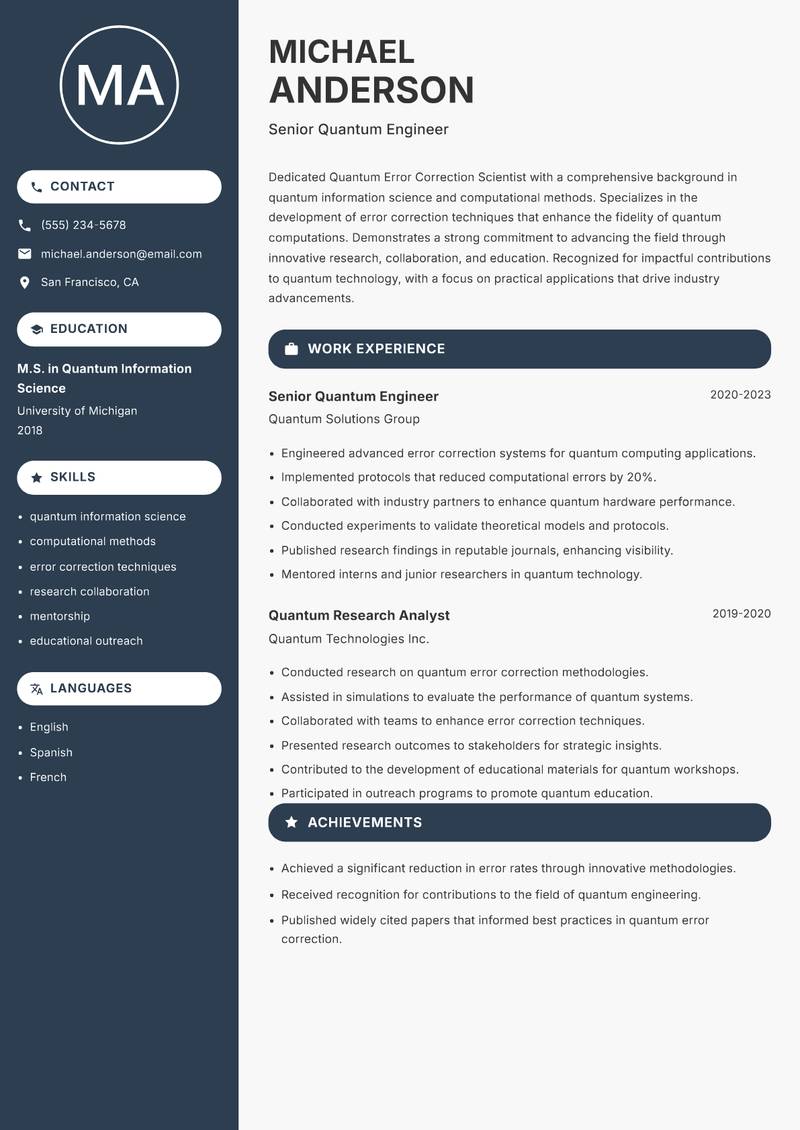 Quantum Error Correction Scientist resume template — Compact
