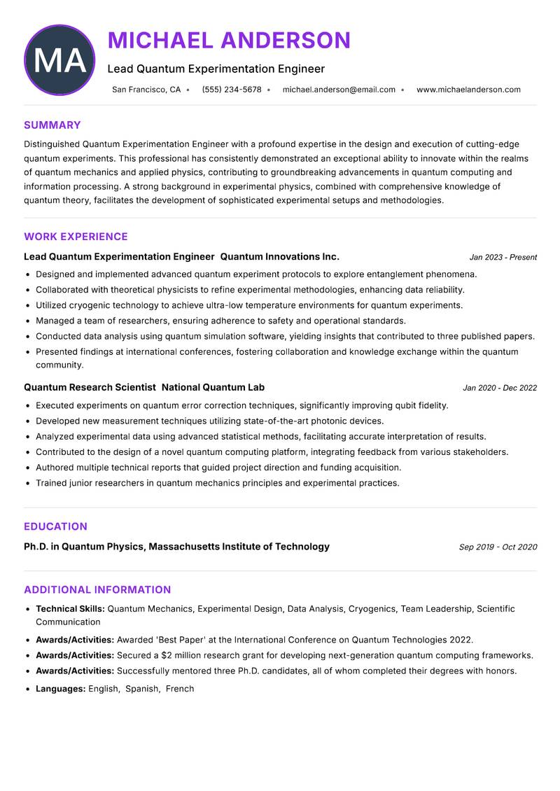 Quantum Experimentation Engineer resume example — ATS-friendly template
