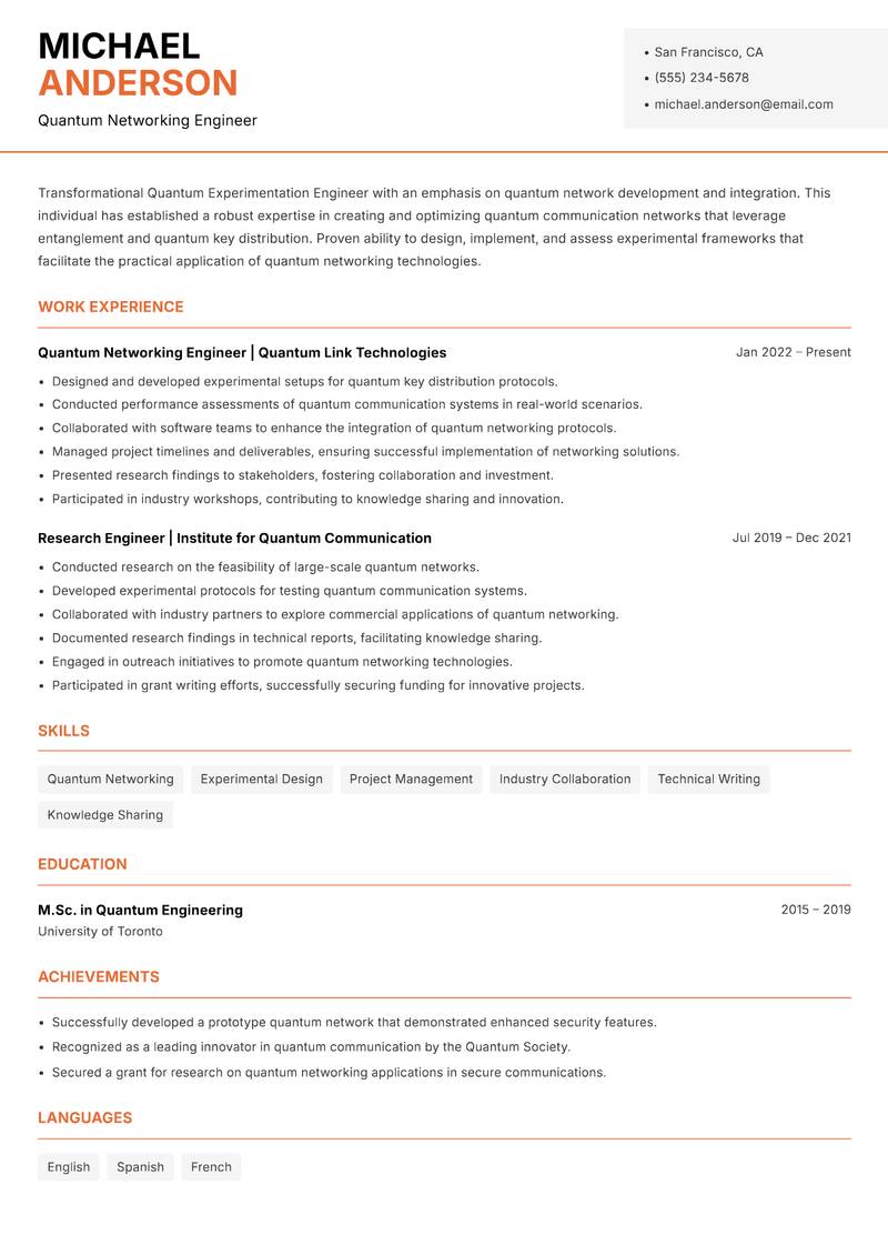 Quantum Experimentation Engineer resume template — Modern Professional