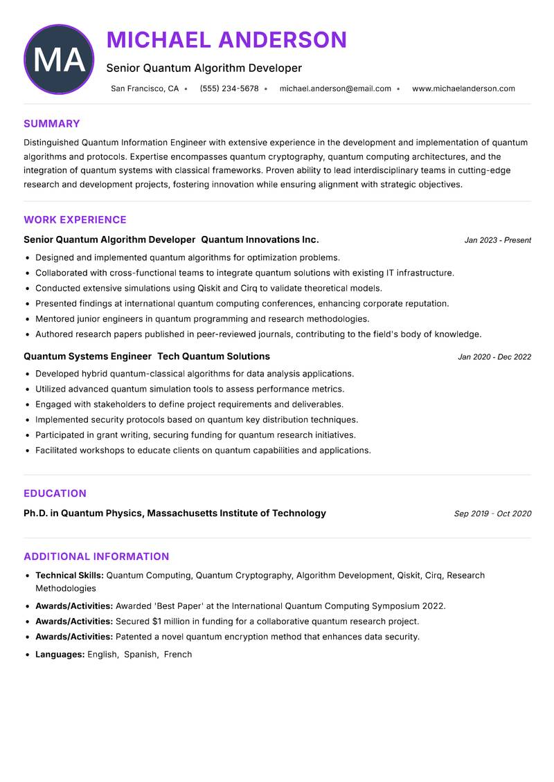 Quantum Information Engineer resume example — ATS-friendly template