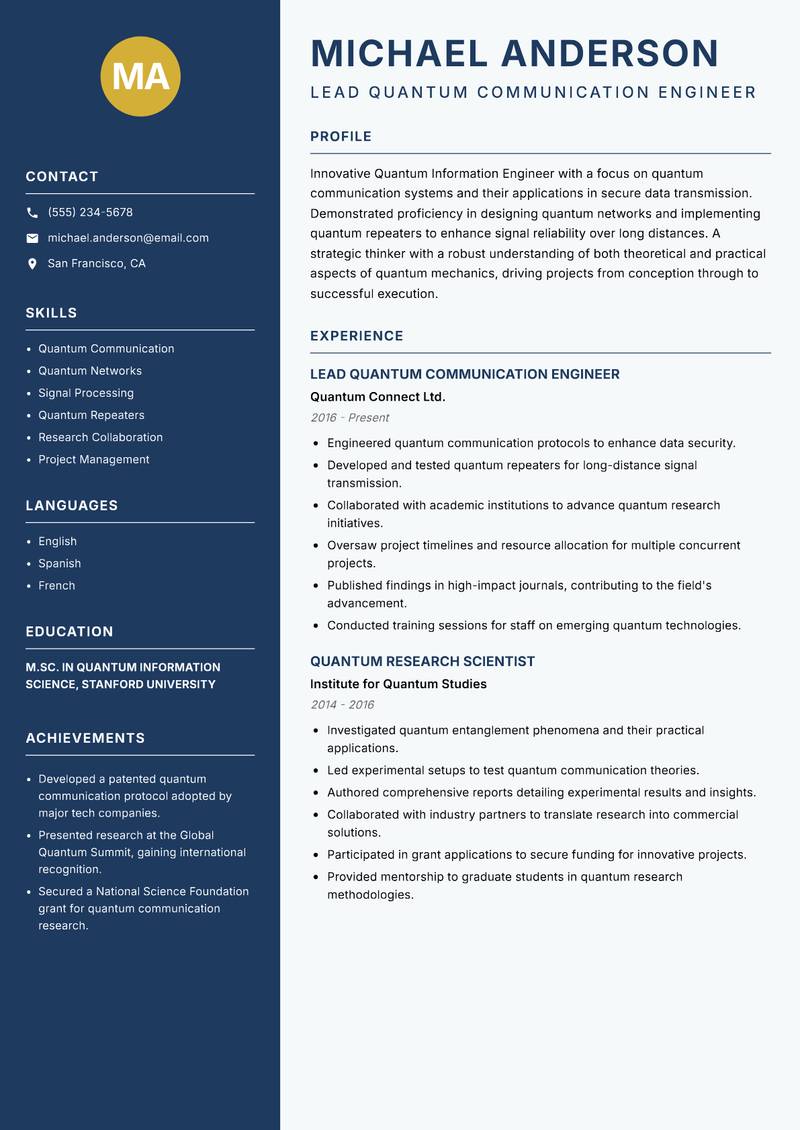 Quantum Information Engineer resume template — Classic Clean
