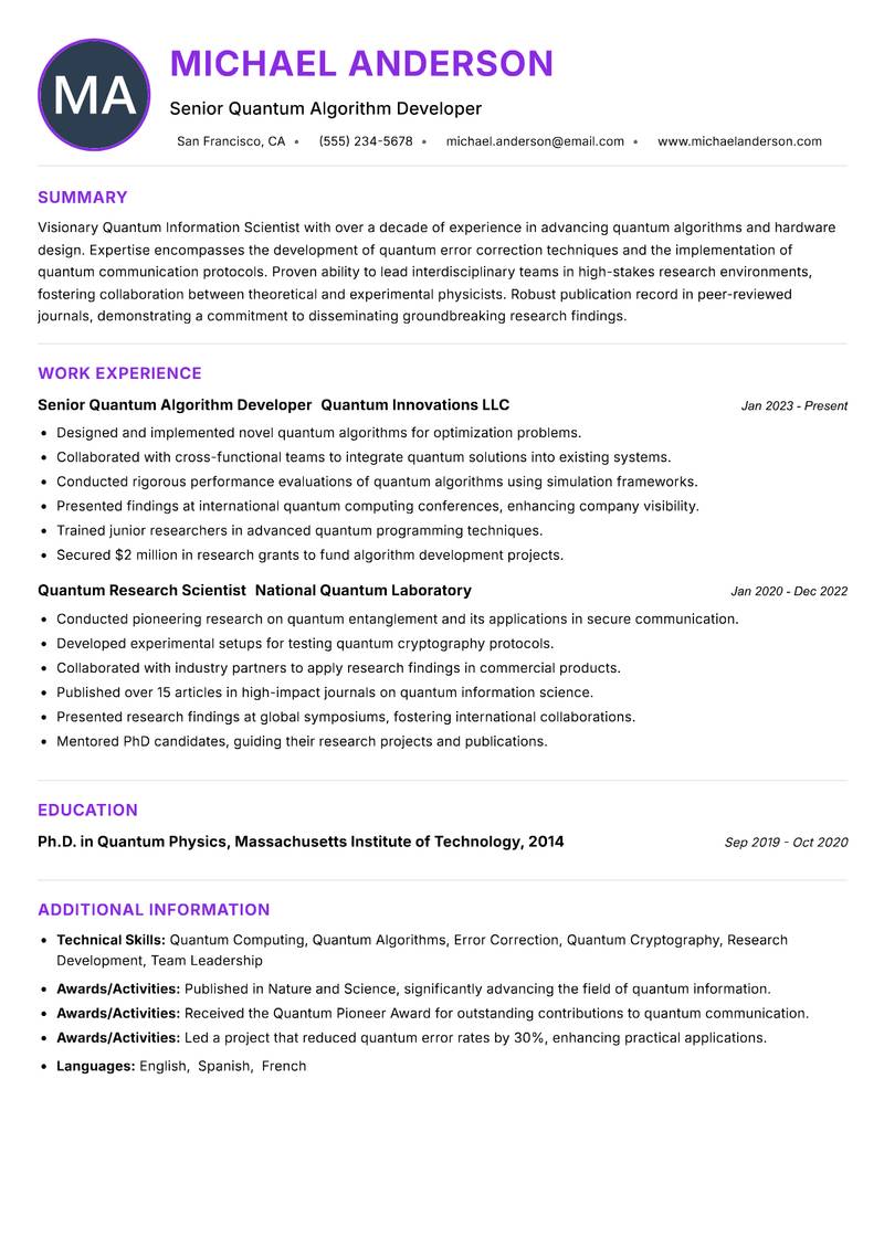 Quantum Information Scientist resume example — ATS-friendly template