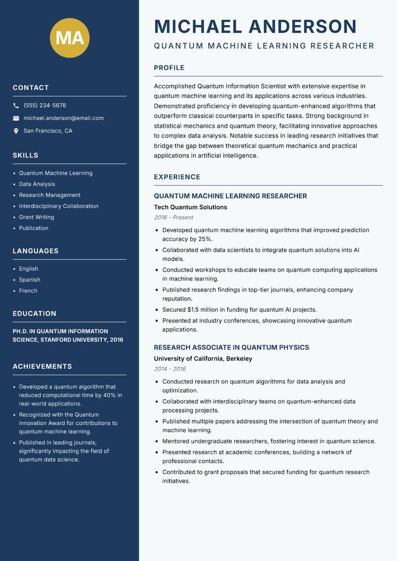 Quantum Information Scientist resume template — Classic Clean