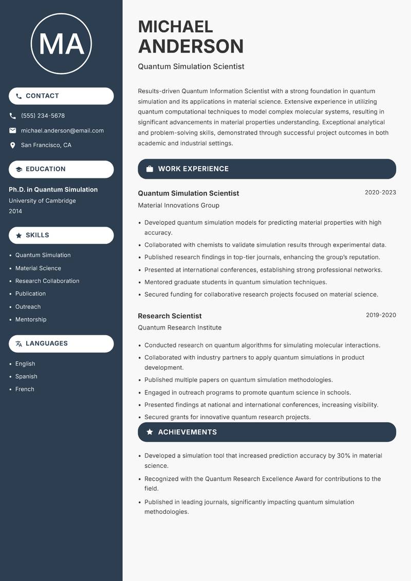 Quantum Information Scientist resume template — Compact