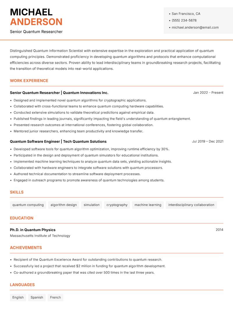 Quantum Information Scientist resume template — Modern Professional