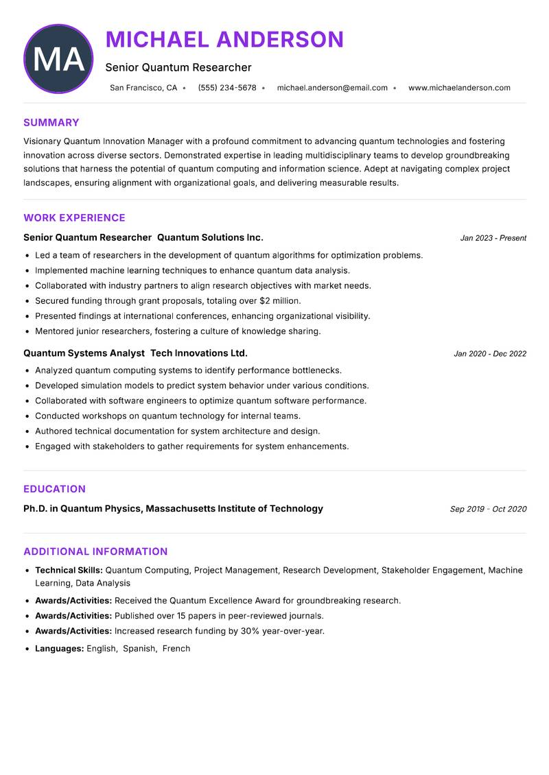 Quantum Innovation Manager resume example — ATS-friendly template