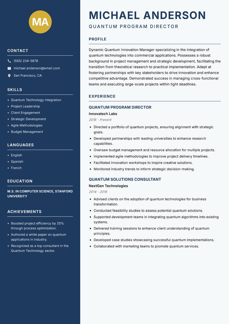 Quantum Innovation Manager resume template — Classic Clean