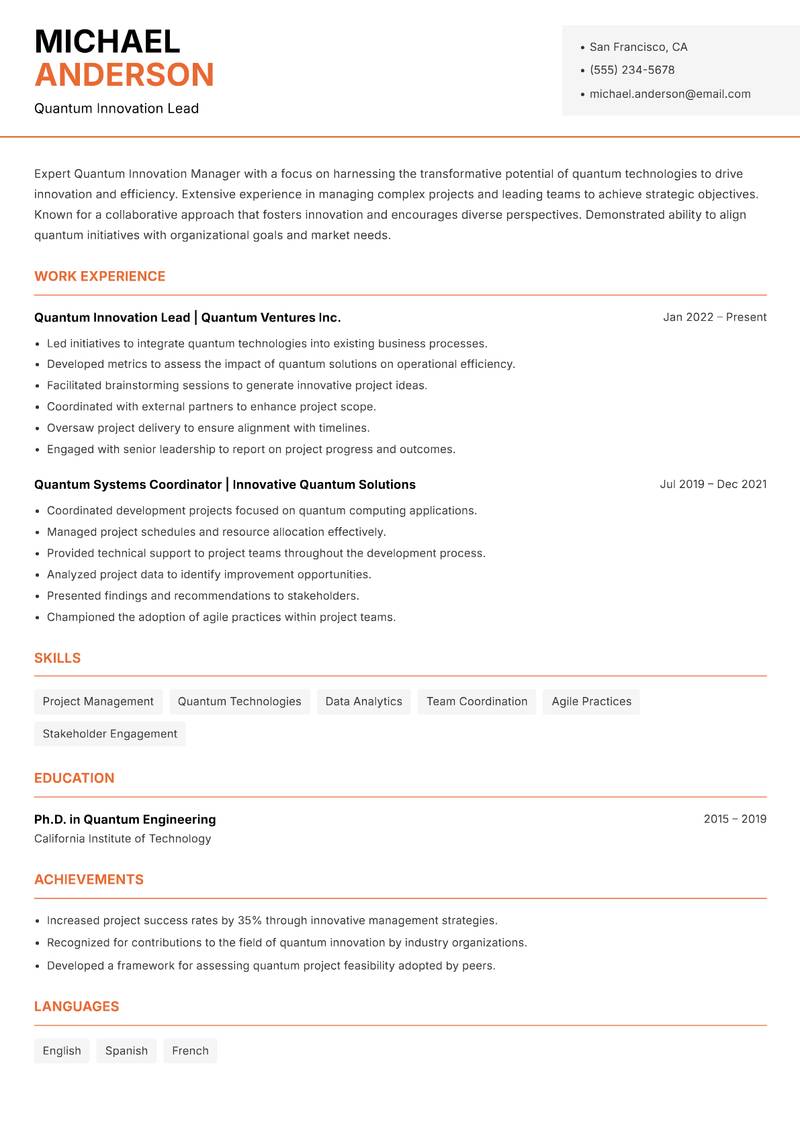 Quantum Innovation Manager resume template — Modern Professional