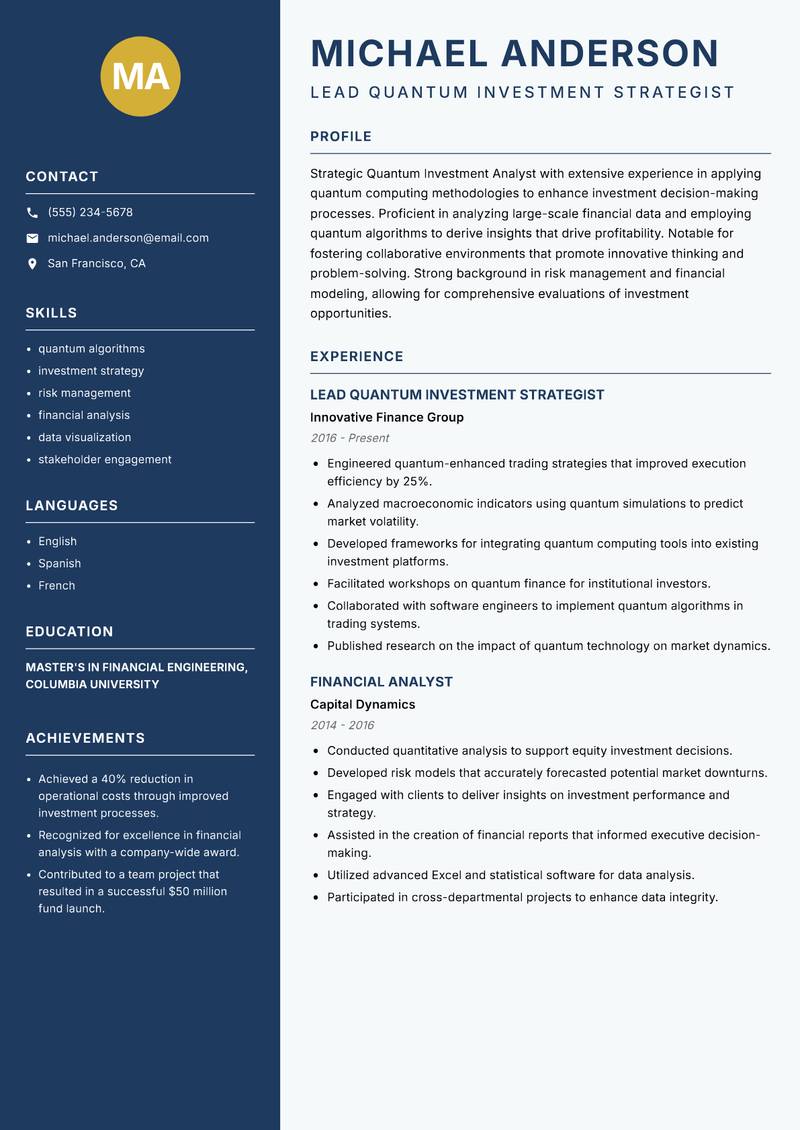 Quantum Investment Analyst resume template — Classic Clean
