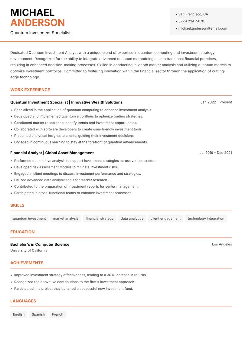 Quantum Investment Analyst resume template — Modern Professional