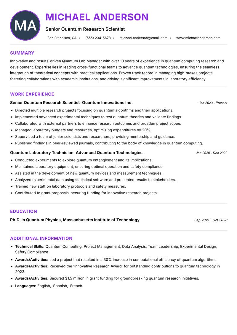 Quantum Lab Manager resume example — ATS-friendly template