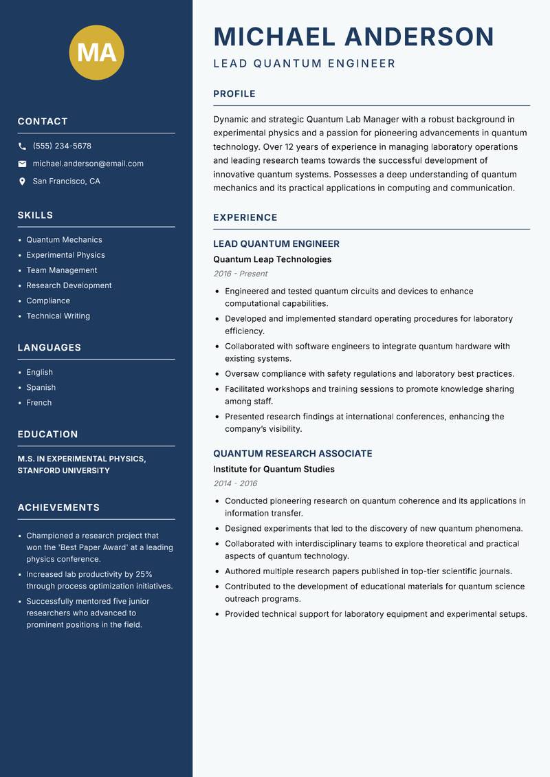 Quantum Lab Manager resume template — Classic Clean