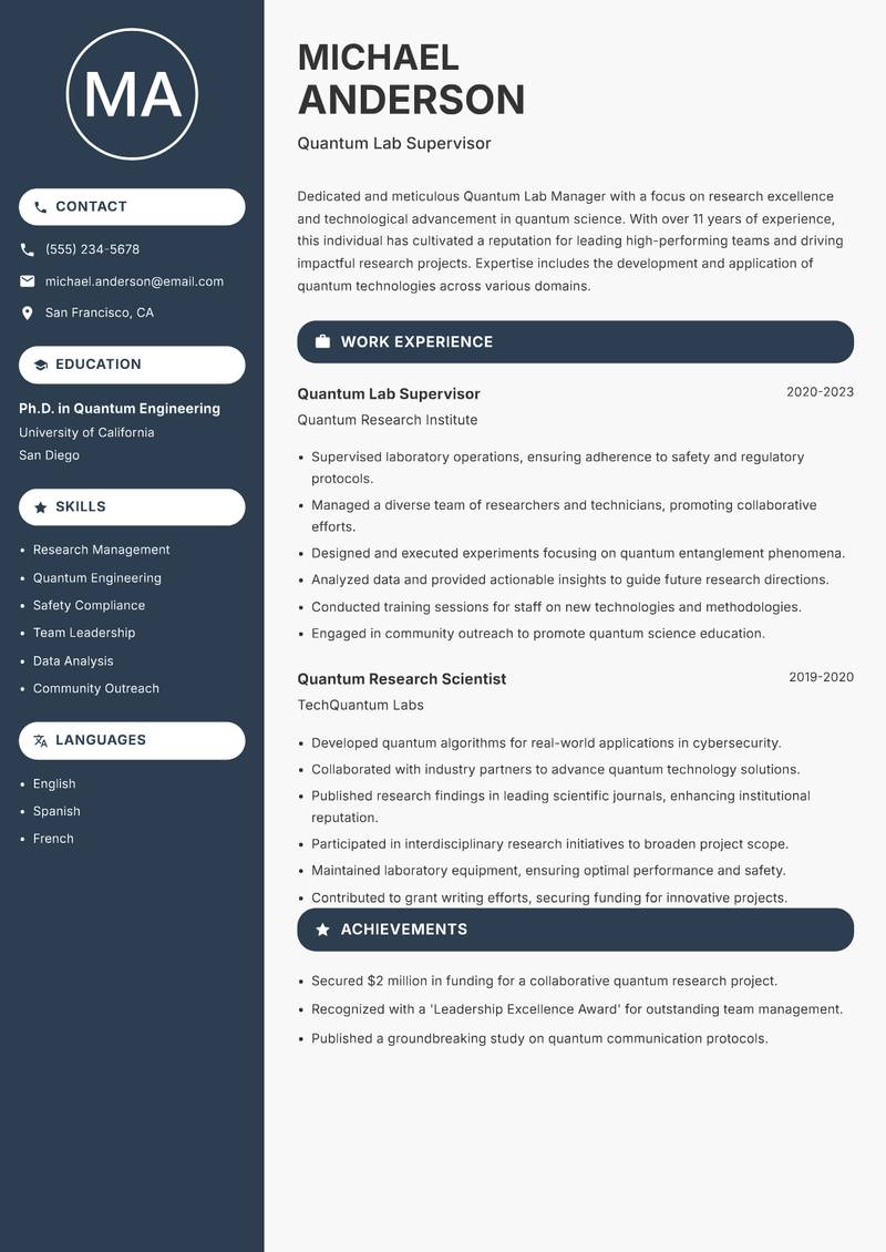 Quantum Lab Manager resume template — Compact