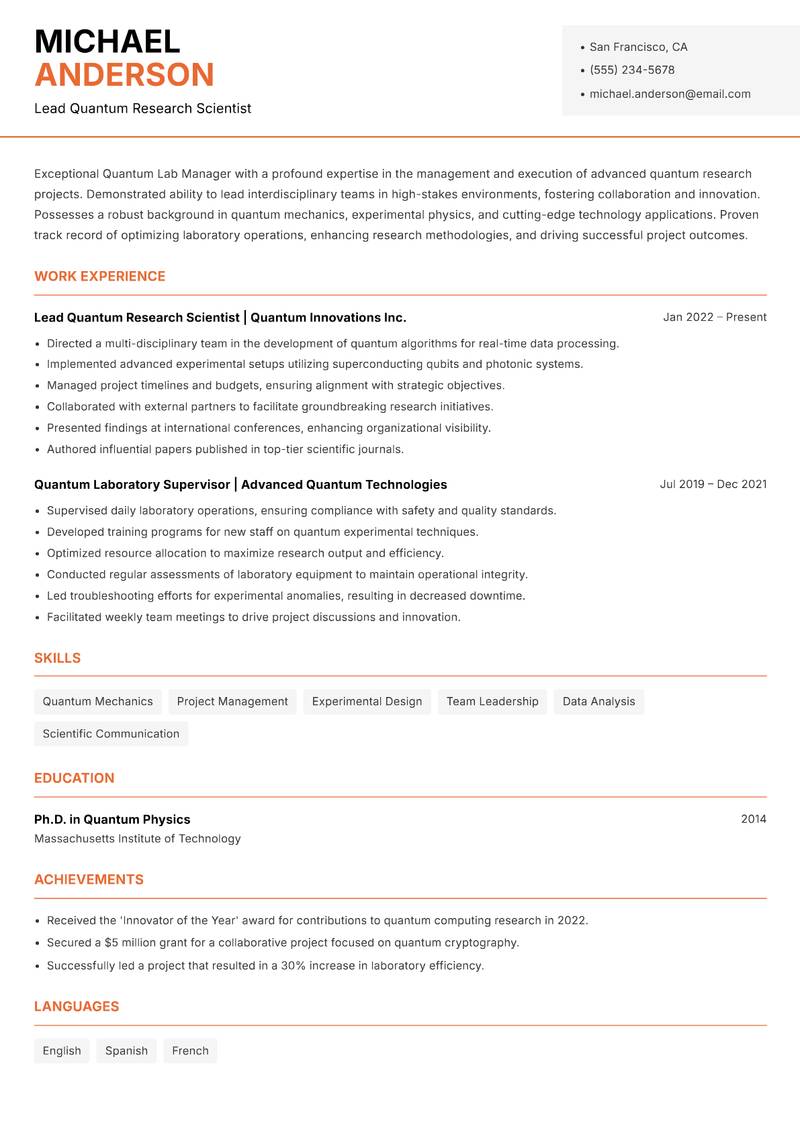 Quantum Lab Manager resume template — Modern Professional
