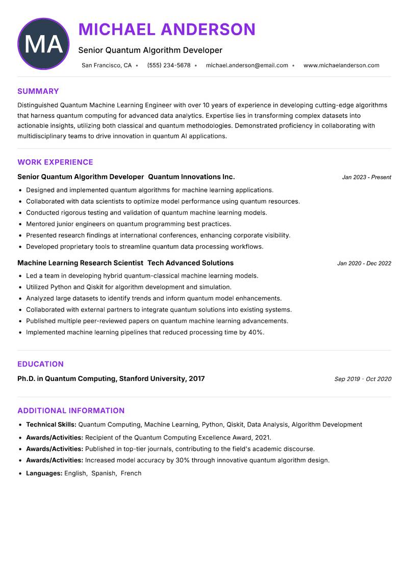 Quantum Machine Learning Engineer resume example — ATS-friendly template