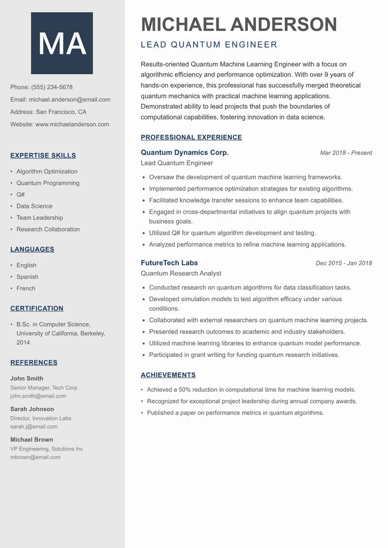 Quantum Machine Learning Engineer resume template — Creative Minimal