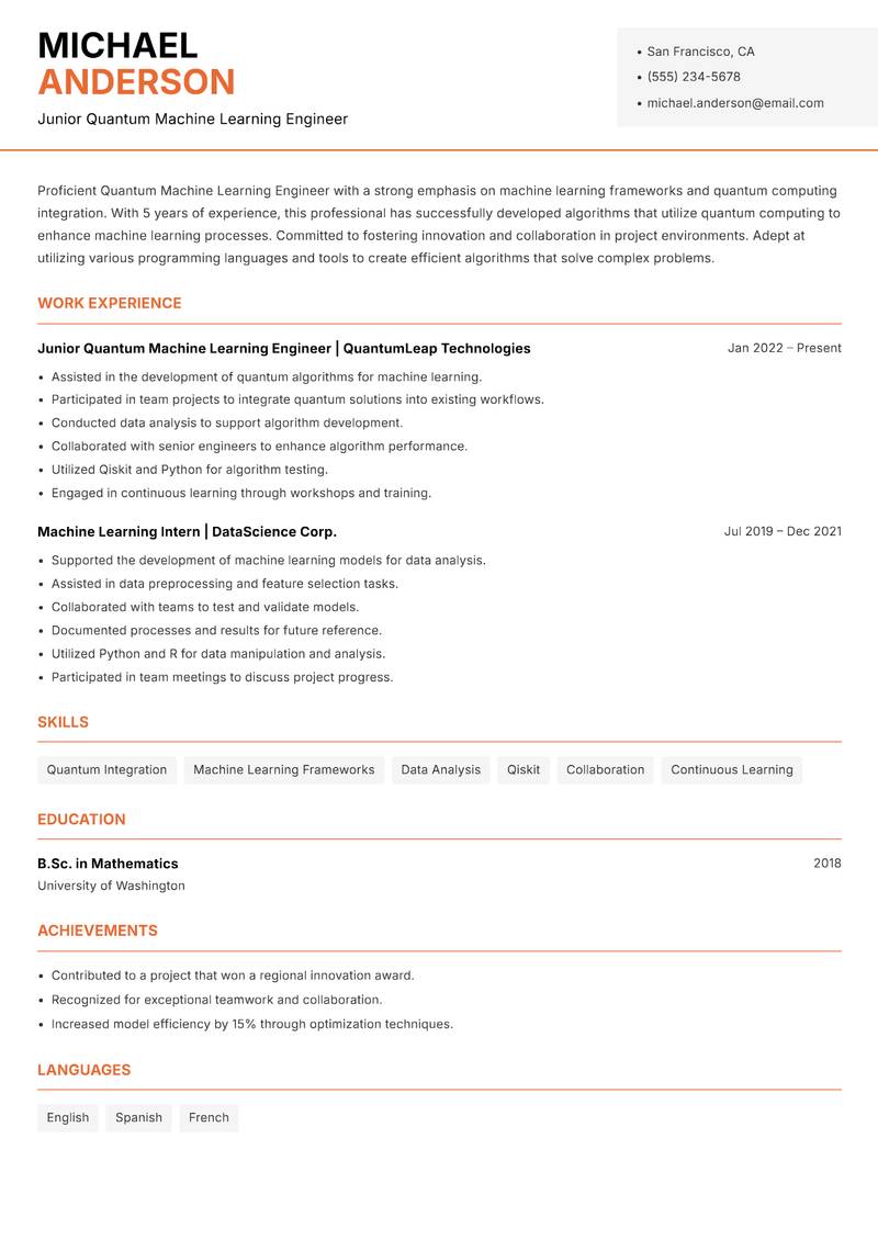 Quantum Machine Learning Engineer resume template — Modern Professional