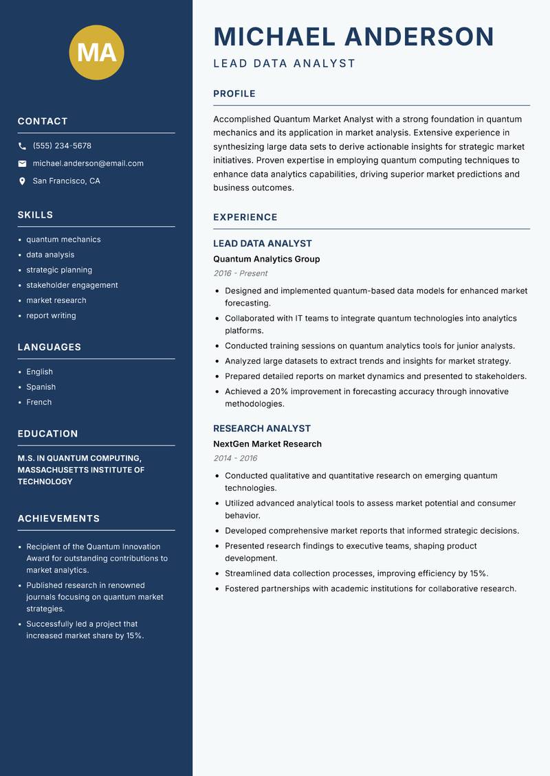 Quantum Market Analyst resume template — Classic Clean